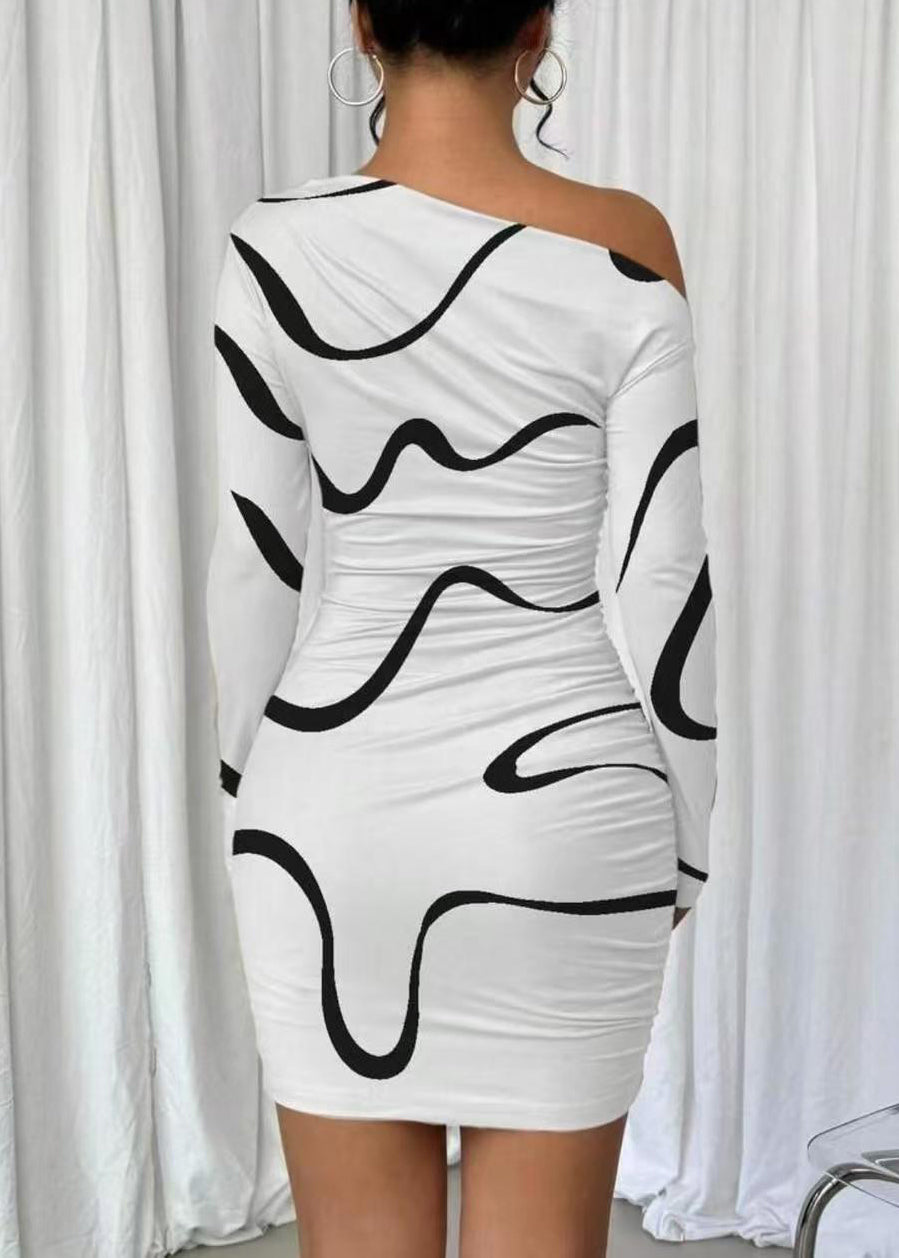 French White Asymmetrical Wraped Print Cotton Dresses Summer
