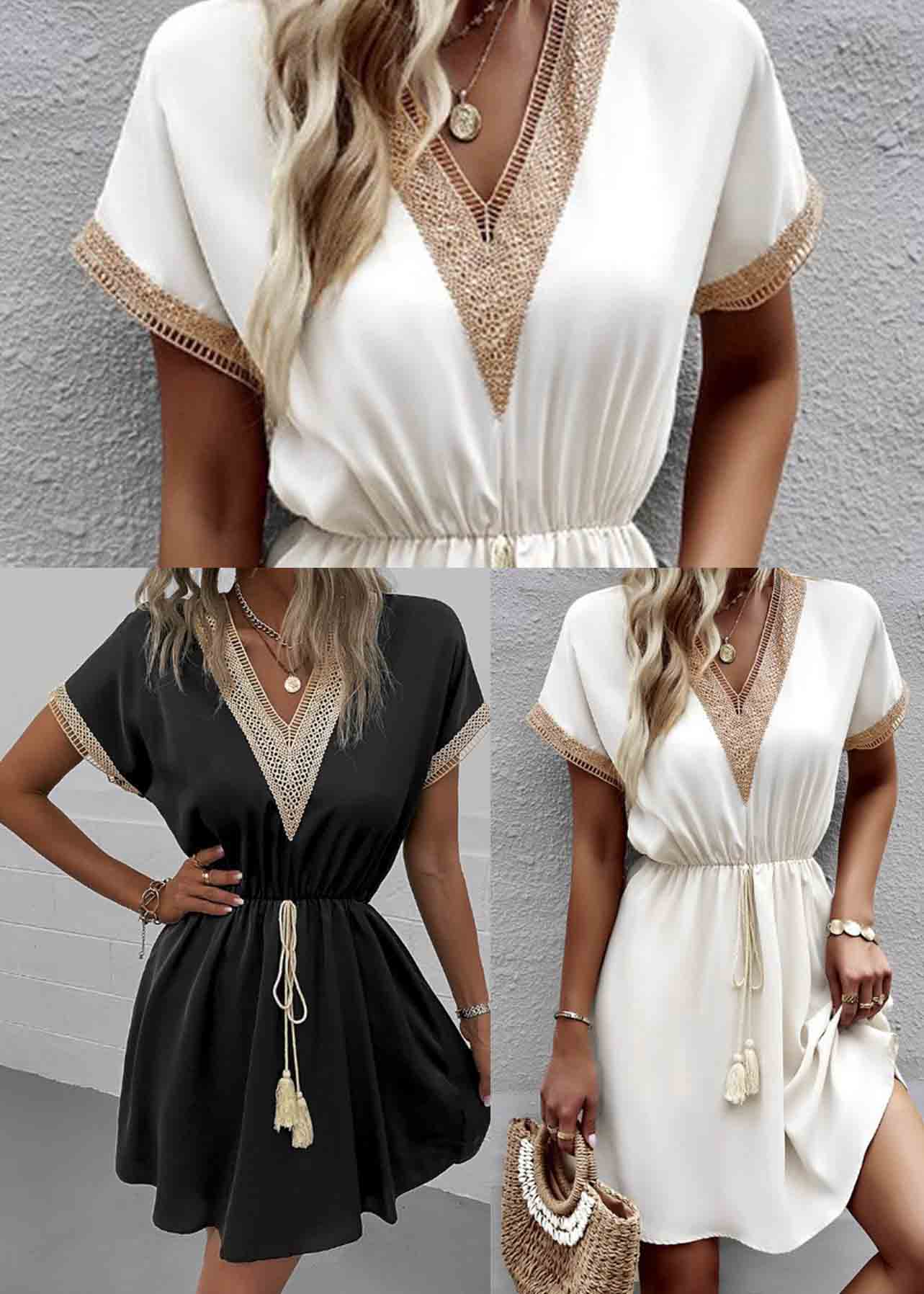 French White Cinched Patchwork Lace Mini Dress Summer