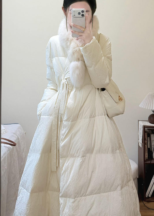 French White Fox Collar Tie Waist Duck Down Puffers Jackets Winter