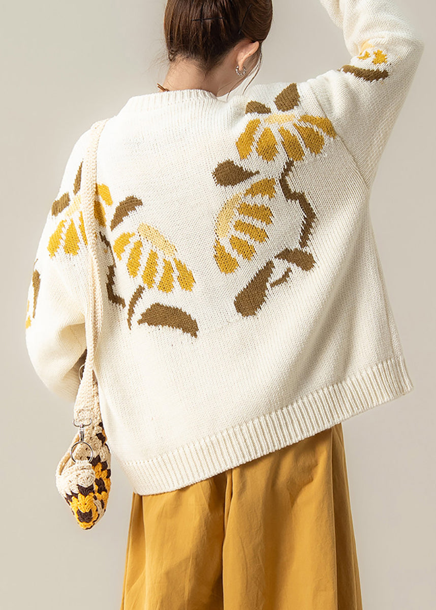 French White Jacquard Pockets Knit Cardigan Fall