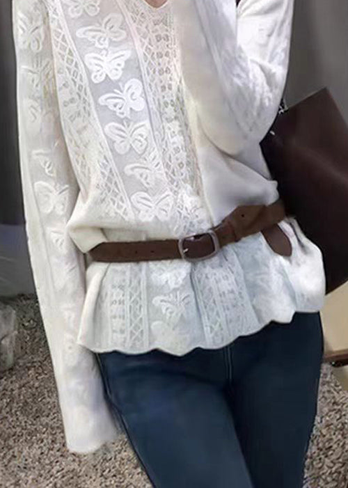 French White Lace Embroidered Patchwork Knit Tops Flare Sleeve