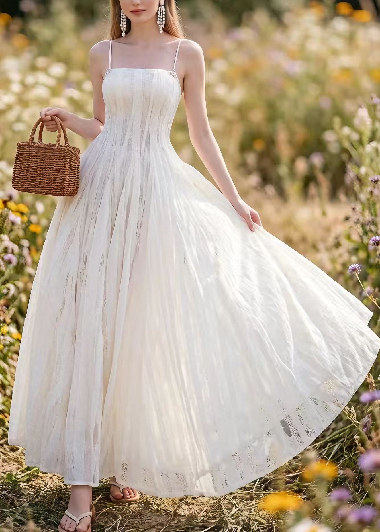 French White Lace Up Spaghetti Strap Summer Dress