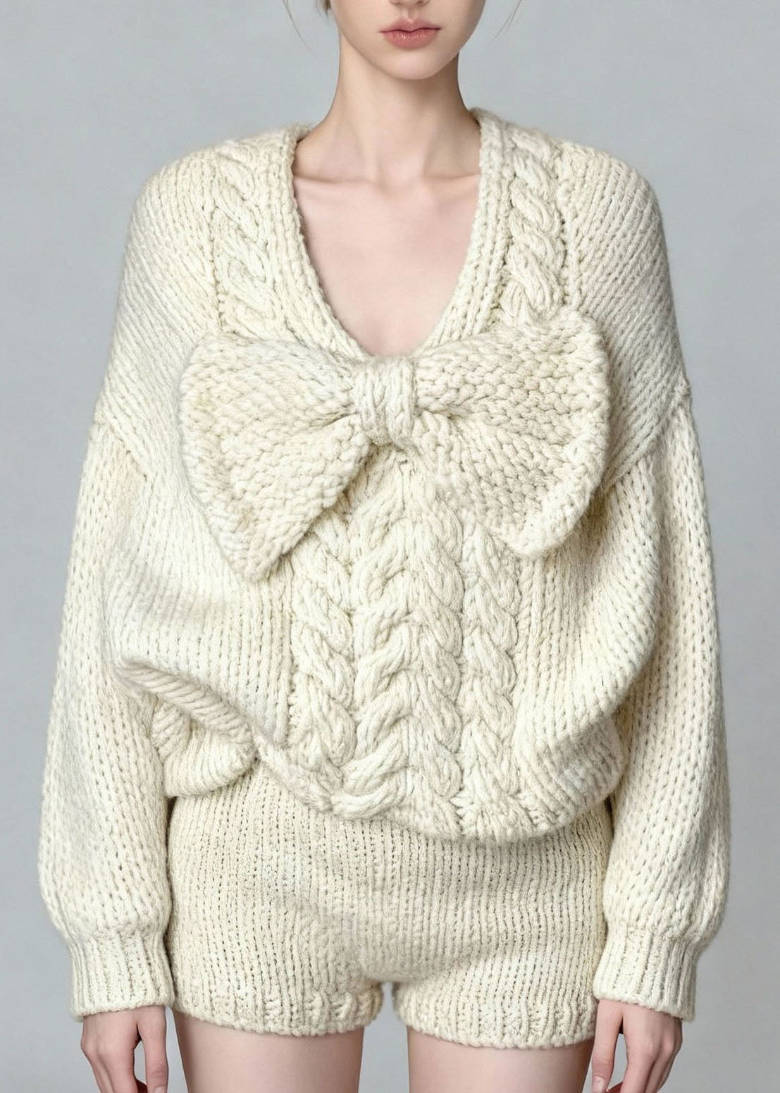 French White O Neck Bow Sweaters And Shorts Knit Two Pieces Set Fall