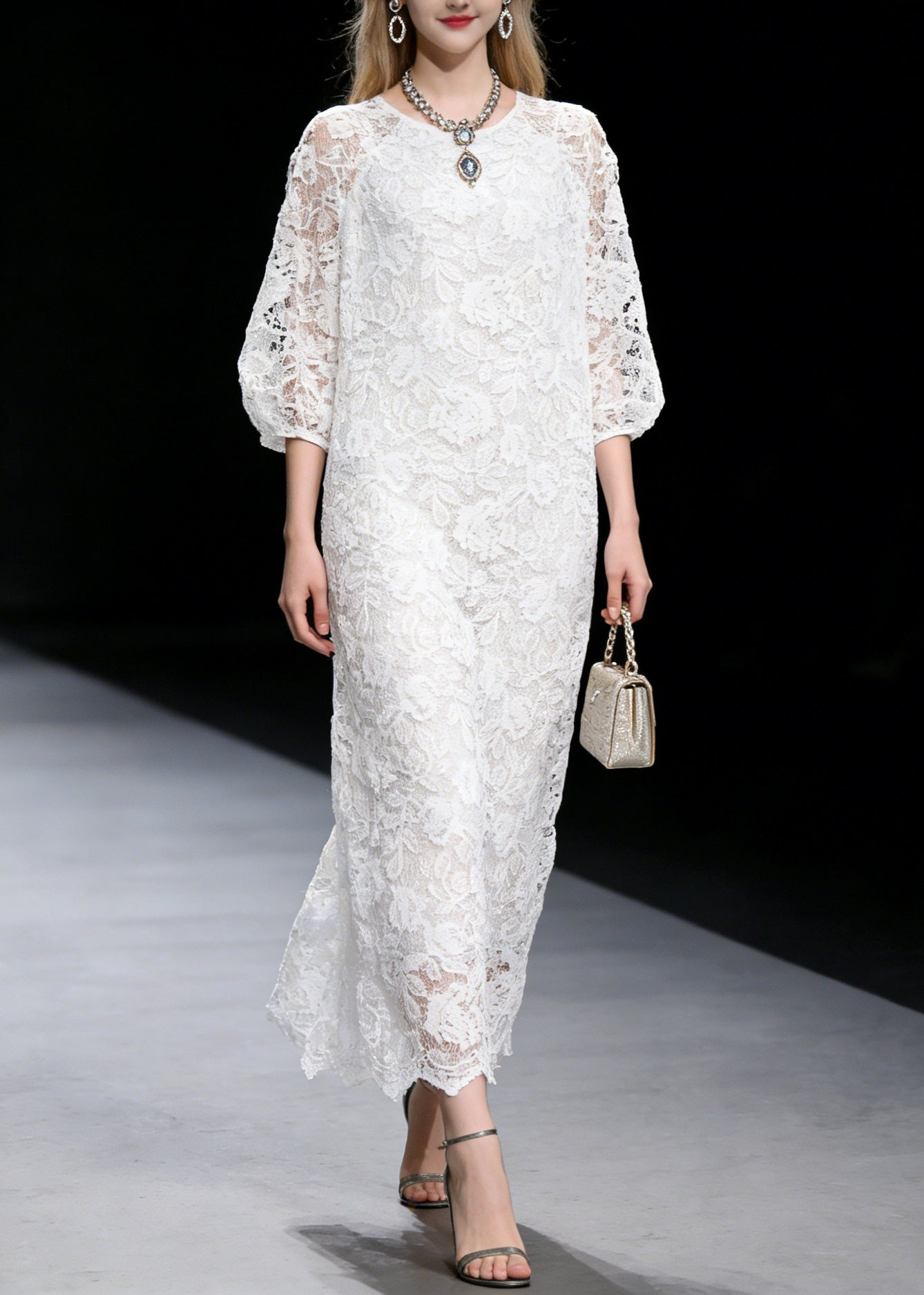 French White O Neck Hollow Out Lace Long Dress Summer
