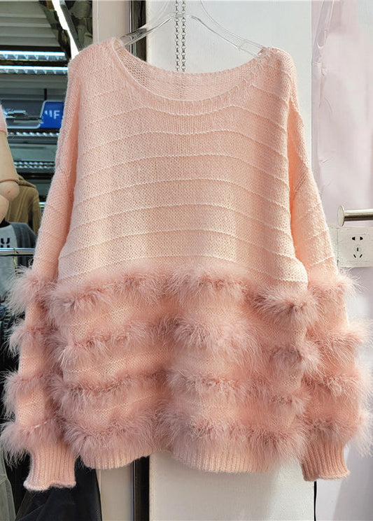 French White O-Neck Rabbit Hair Cotton Knit Top Fall