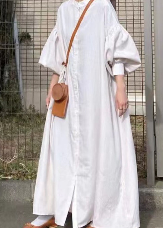 French White Oversized Cotton Shirt Dresses Lantern Sleeve