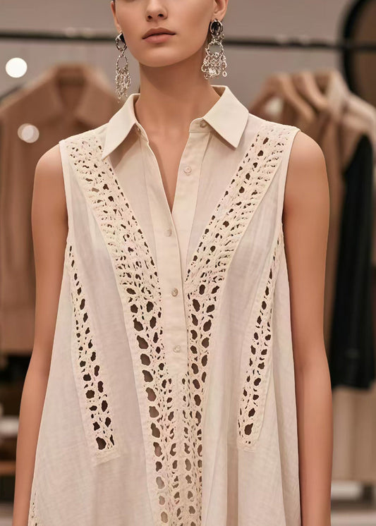 French White Oversized Hollow Out Cotton Dresses Sleeveless