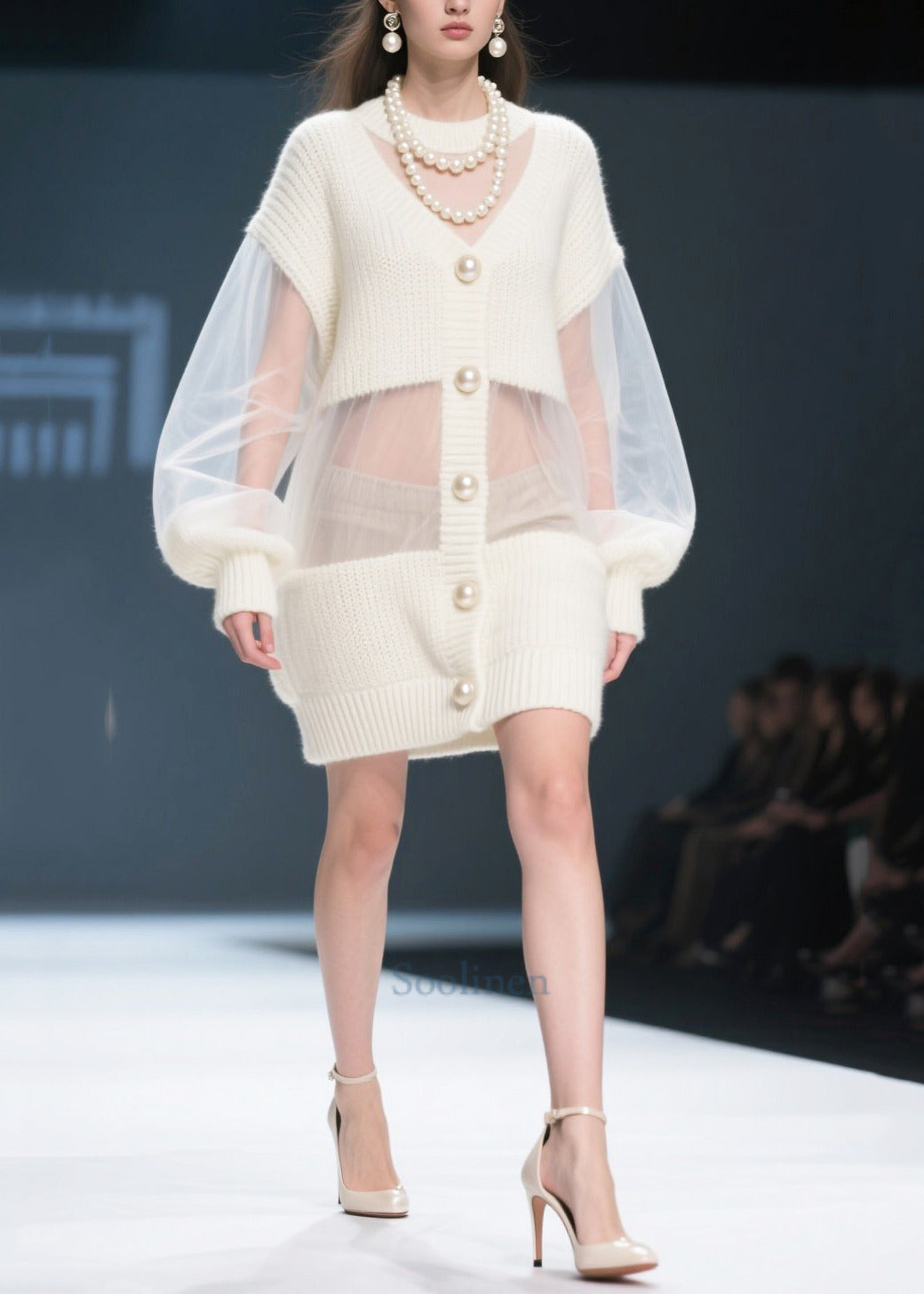 French White Oversized Patchwork Tulle Long Sweater Fall