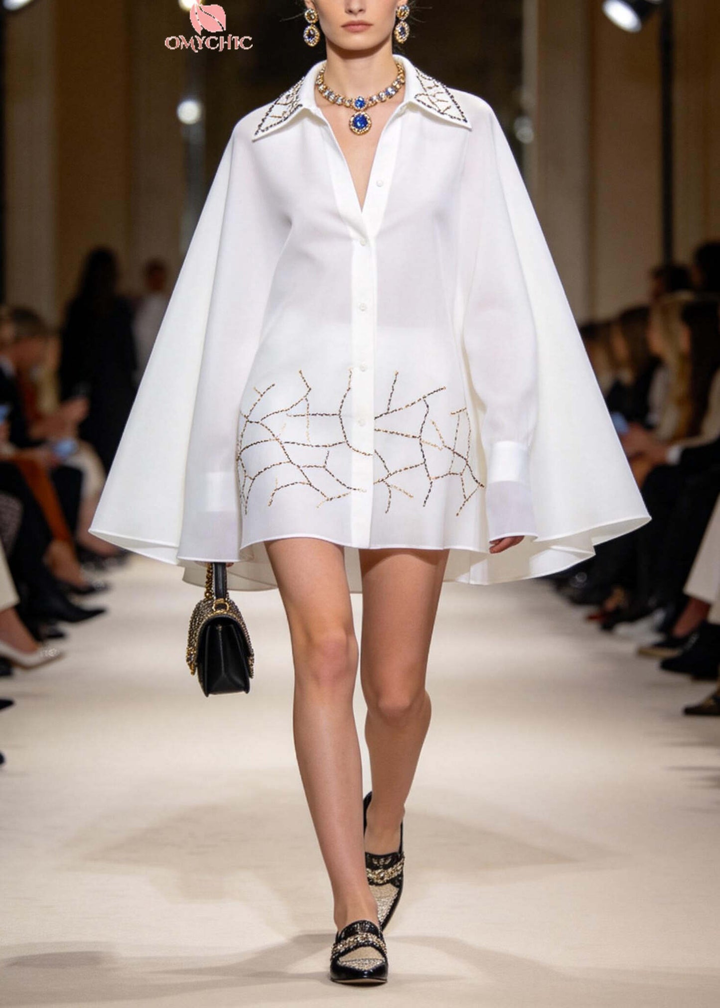 French White Oversized Print Chiffon Shirt Dresses Batwing Sleeve