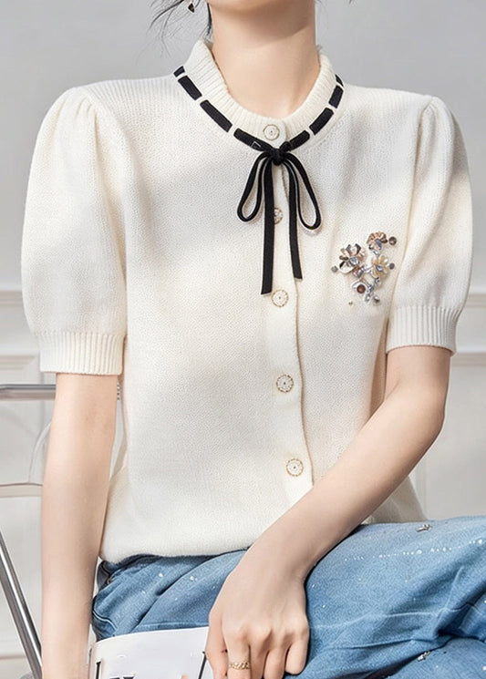 French White Peter Pan Collar Tie Lace Knit Top Short Sleeve