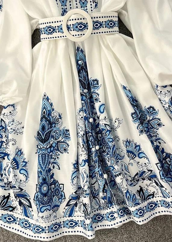 French White Print Cotton Tunic Dress Lantern Sleeve