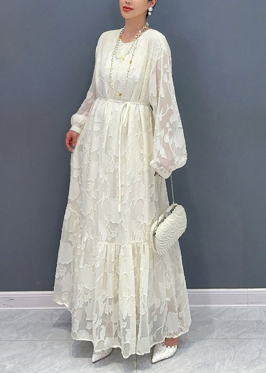 French White Print Patchwork Tulle Long Dress Fall