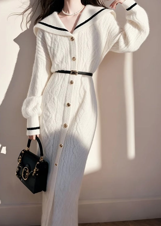 French White Sailor Collar Button Knit Sweater Dress Fall