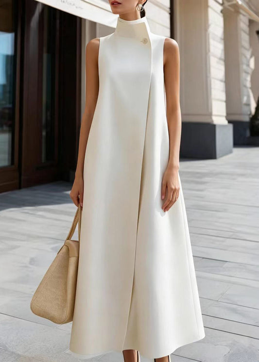 French White Stand Collar Vacation Dresses Sleeveless