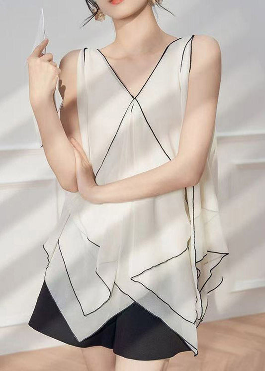 French White V Neck Asymmetrical Striped Chiffon Top Sleeveless