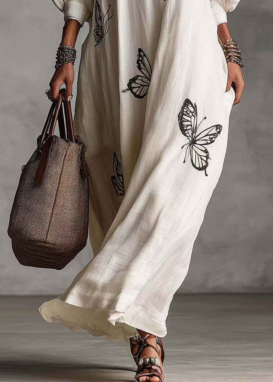 French White V Neck Butterfly Print Vacation Dresses Long Sleeve
