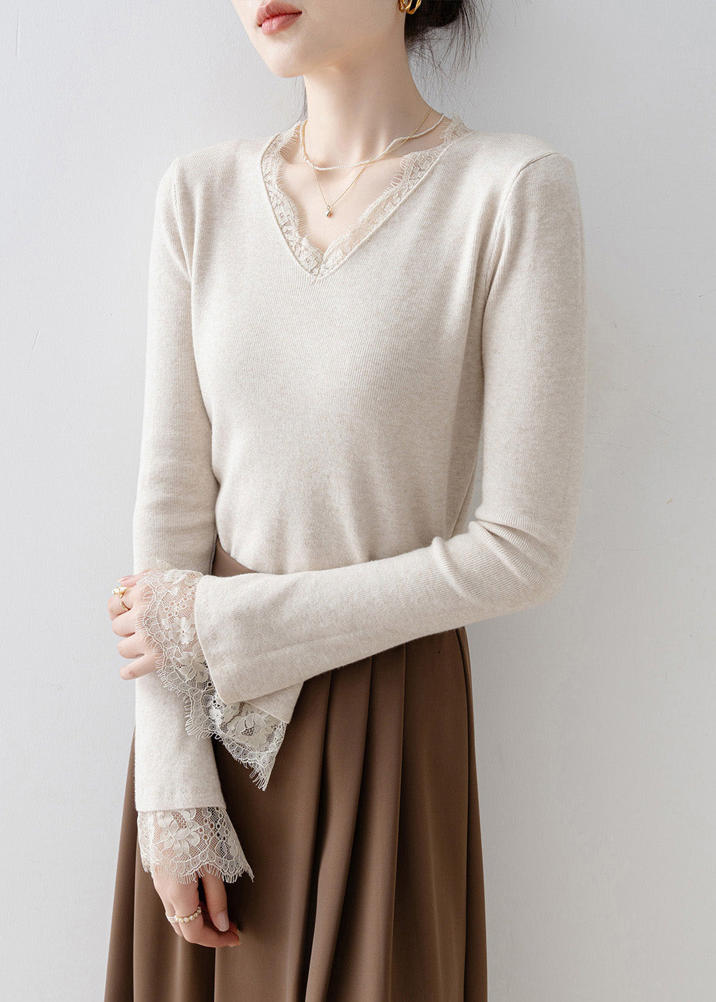 French White V Neck Lace Patchwork Knit Top Flare Sleeve