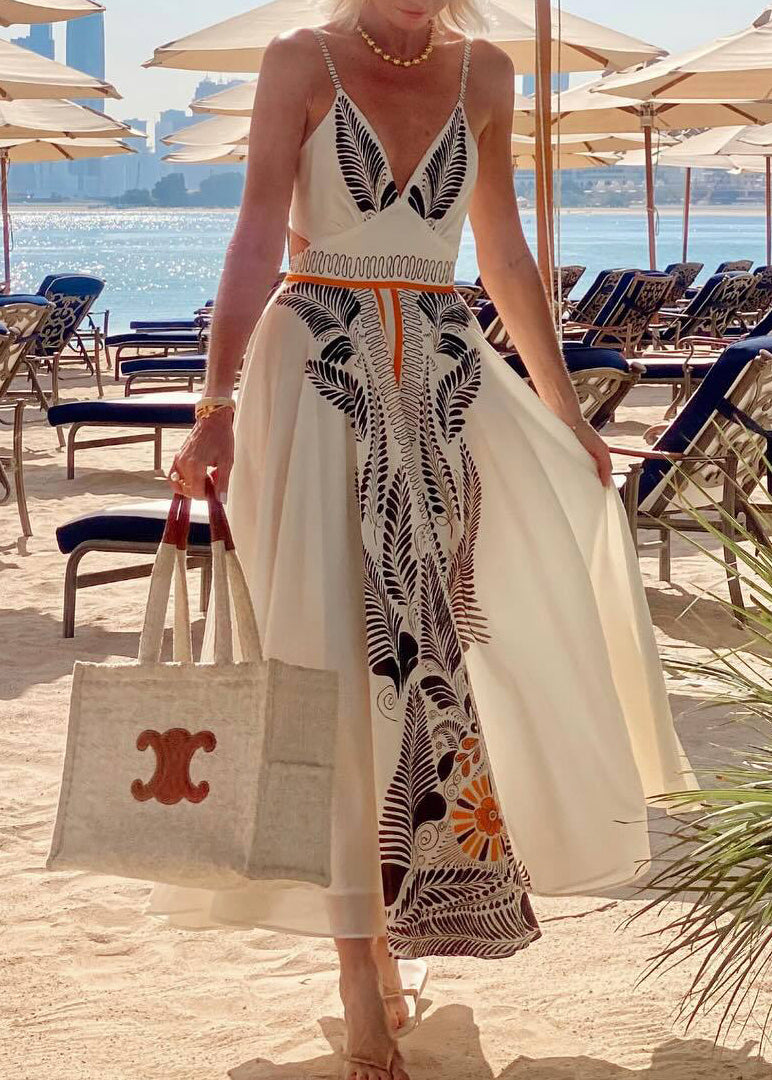 French White V Neck Patchwork Bow Tie Waist Maxi Dresses Sleeveless