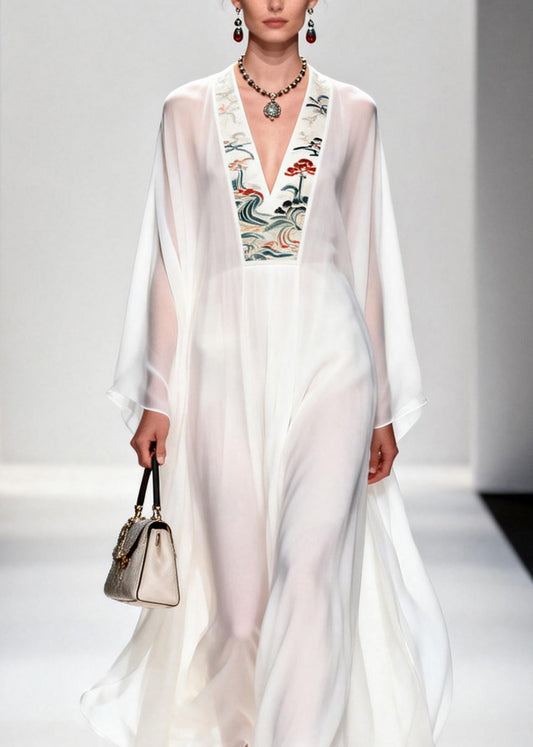 French White V Neck Print Chiffon Long Dresses Summer