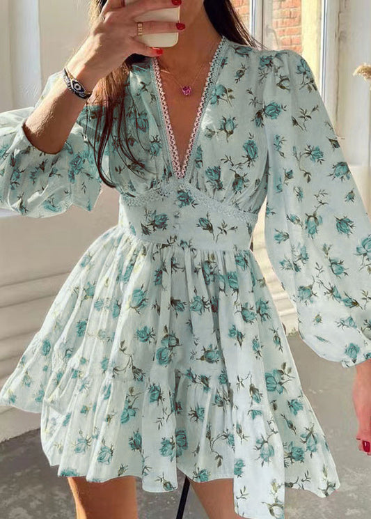 French White V Neck Print Cotton Mini Dress Long Sleeve