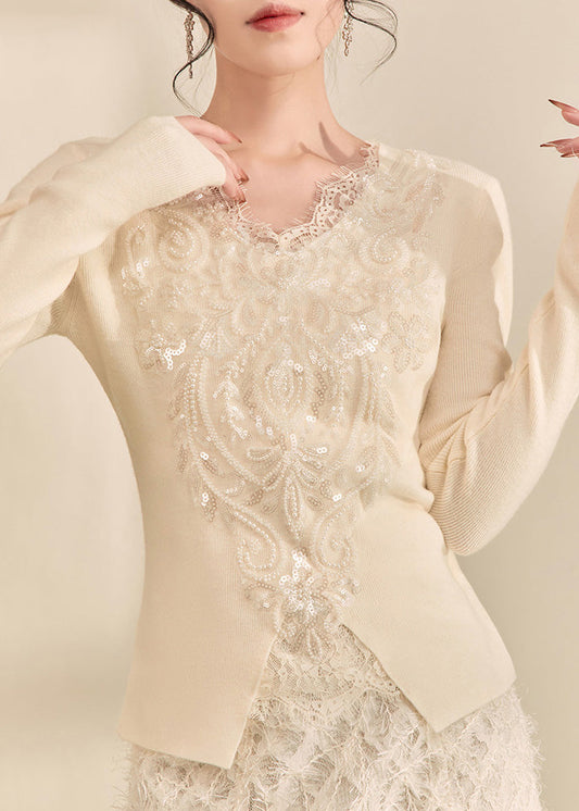French White V Neck Sequins Lace Patchwork Knit Top Spring