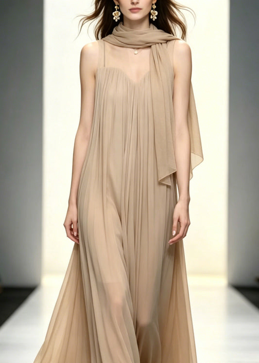 French Wrinkled Patchwork Vacation Long A Line Dresses Summer