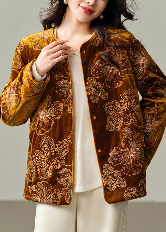 French Yellow Embroidered Fine Cotton Filled Silk Velvet Jacket Winter