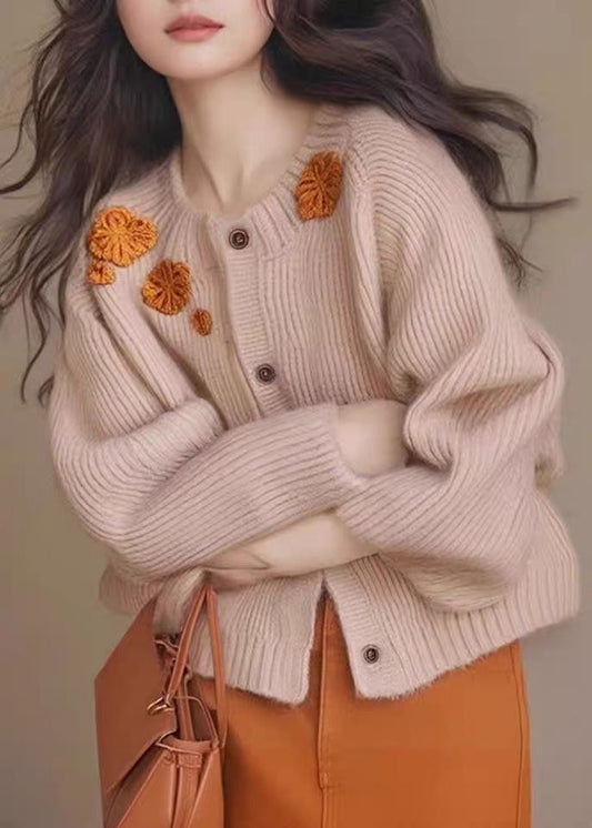 French Yellow Floral Decorated Thick Knit Cardigan Winter