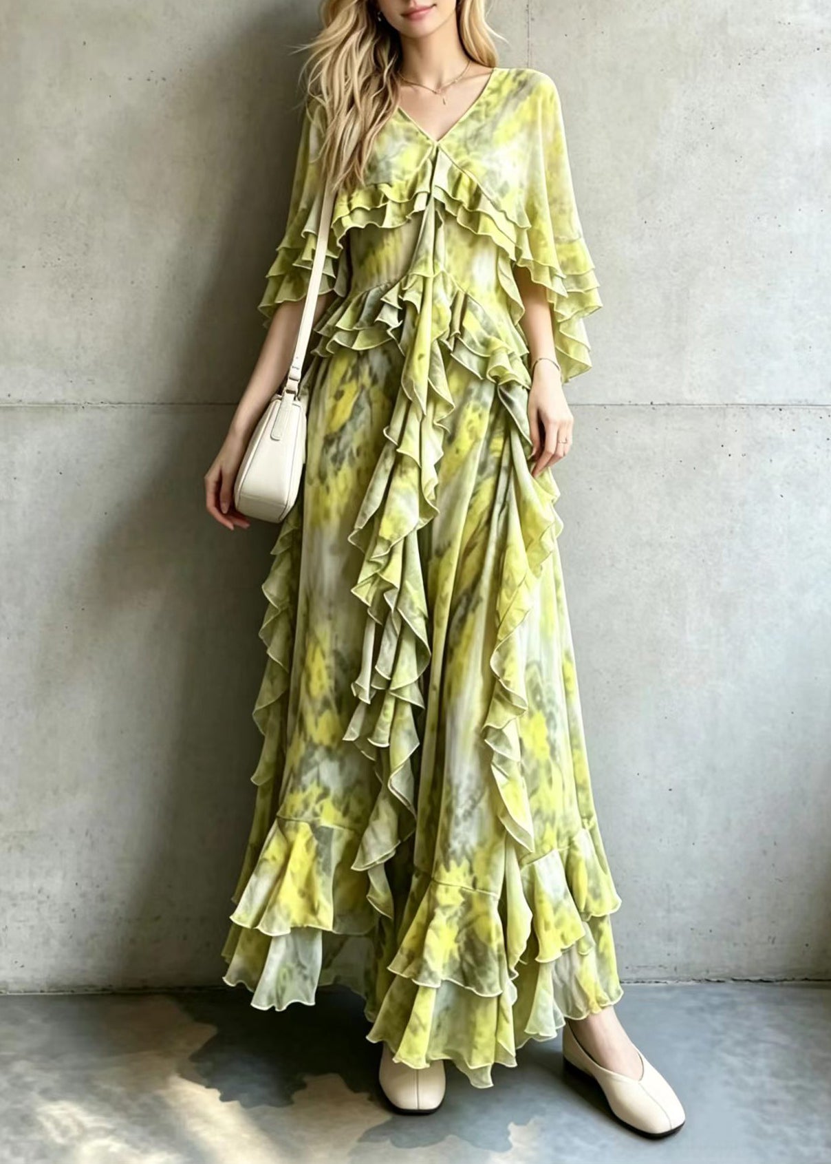 French Yellow Green V Neck Ruffled Maxi Dress Summer