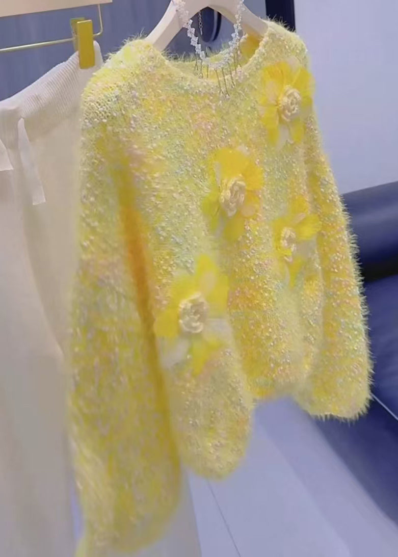 French Yellow O-Neck Floral Warm Knit Sweater Winter