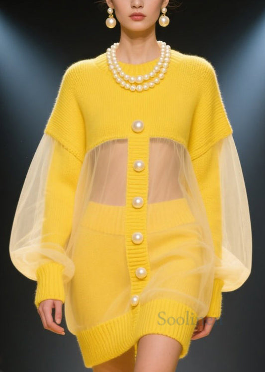 French Yellow O Neck Tulle Patchwork Knit Dress Fall