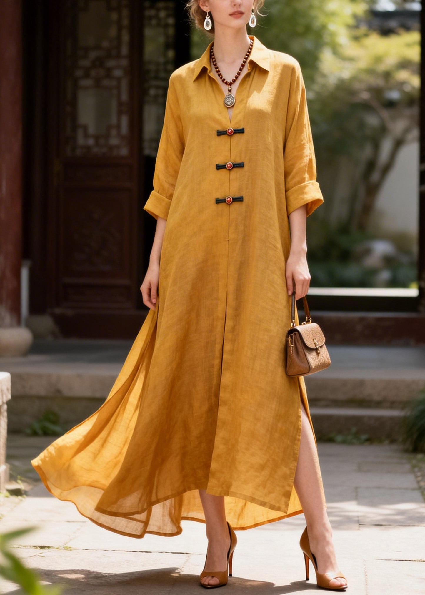 French Yellow Oversized Chinese Button Cotton Long Dress Summer
