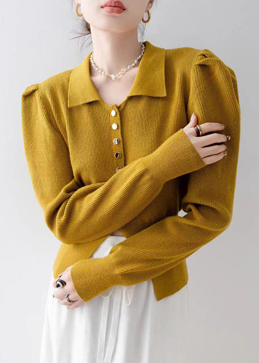 French Yellow Peter Pan Collar Side Open Knit Cardigan Spring