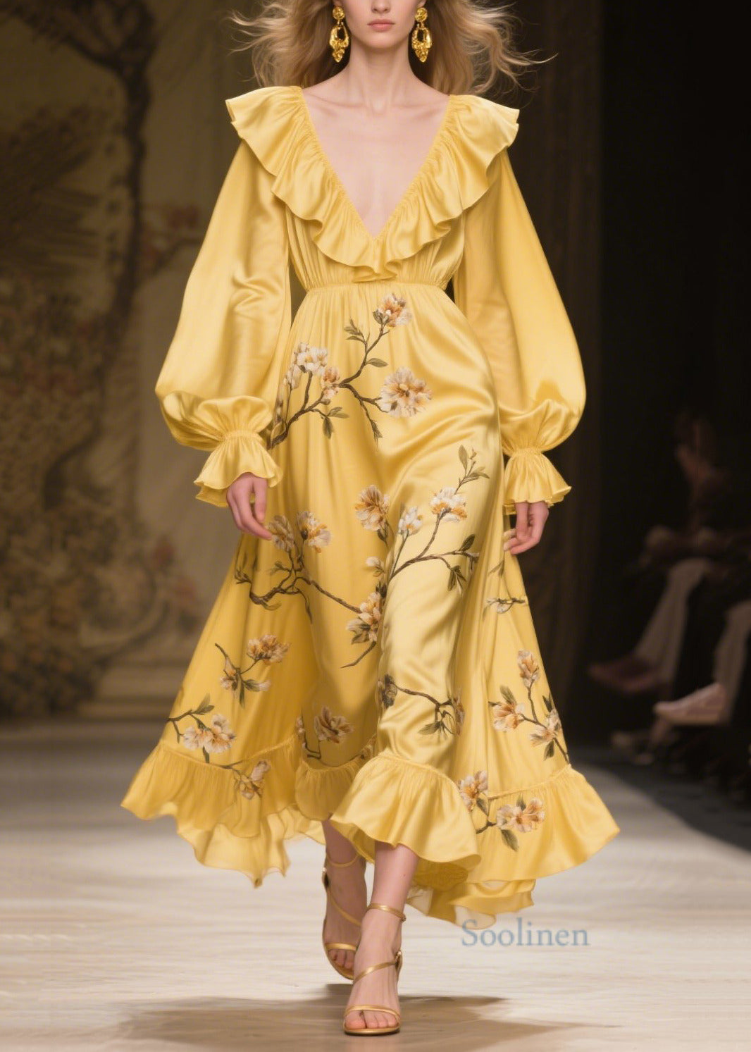French Yellow Ruffled Print Silk Party Dress Fall