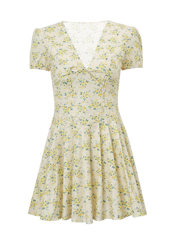 French Yellow V Neck Puff Sleeve Print Patchwork Cotton Dress
