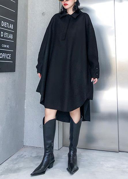 French black Cotton tunic pattern low high design loose POLO collar Dress - SooLinen