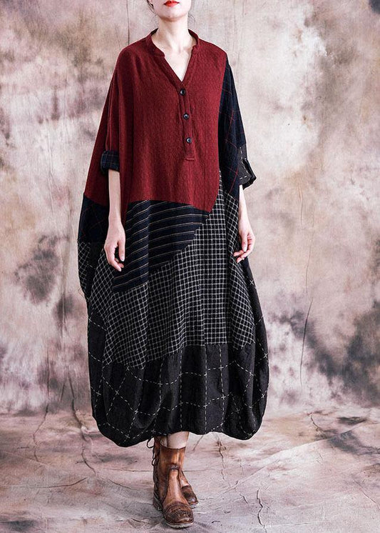 French black Plaid cotton quilting clothes v neck patchwork cotton robes fall Dresses - SooLinen