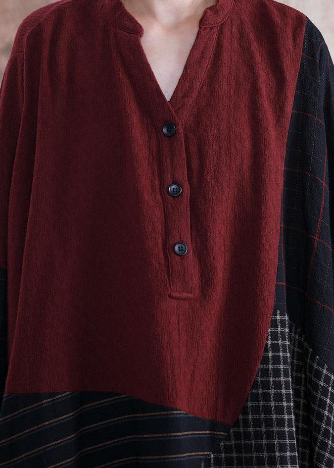 French black Plaid cotton quilting clothes v neck patchwork cotton robes fall Dresses - SooLinen