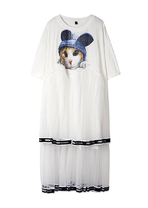 French black cotton Long Shirts patchwork tulle Plus Size summer Dresses - SooLinen