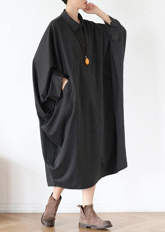 French black cotton dresses lapel patchwork fall Dress - SooLinen