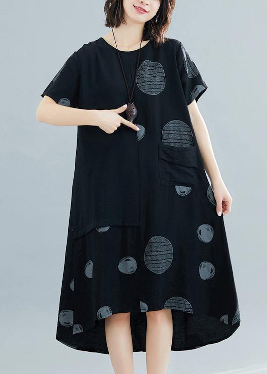 French black dotted o neck asymmetric cotton robes summer Dress - SooLinen