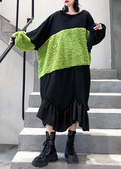 French black patchwork cotton tunic top ruffles long winter Dress - SooLinen