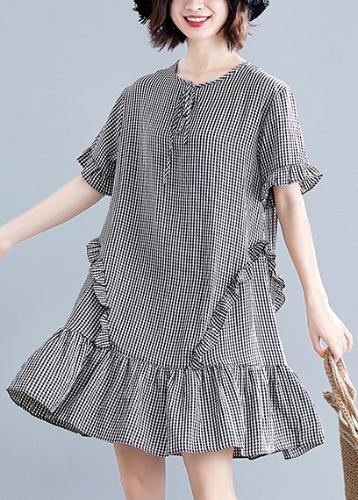 French black plaid Cotton quilting dresses o neck Ruffles cotton Dress - SooLinen