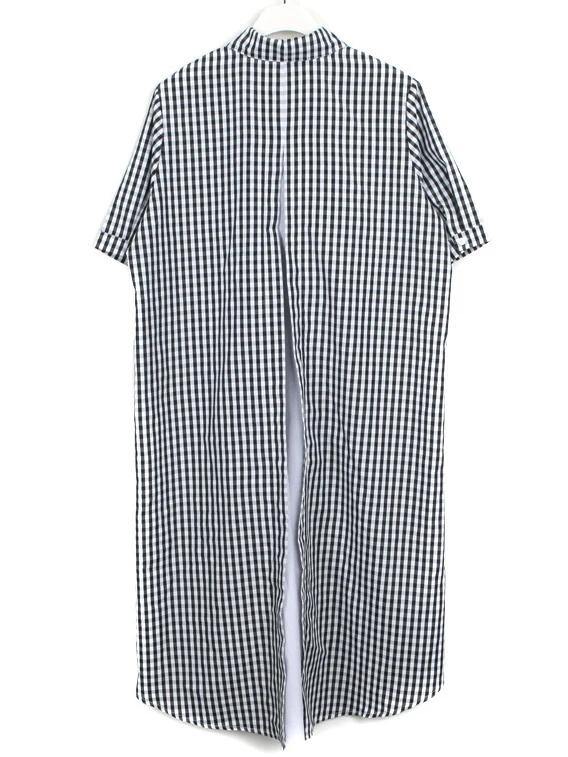 French black white plaid Cotton clothes lapel low high design cotton Dress - SooLinen