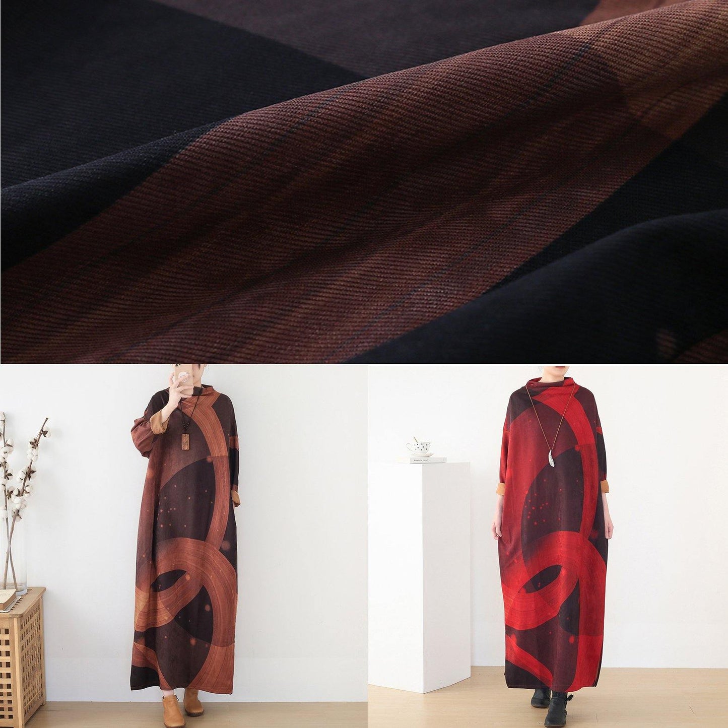 French brown priints cotton dresses loose waist Art o neck Dress - SooLinen