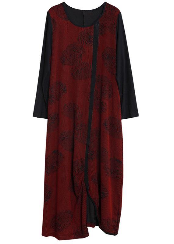 French burgundy Jacquard quilting clothes o neck patchwork Robe Dresses - SooLinen