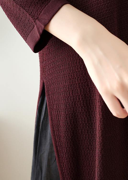 French burgundy Long Shirts o neck side open Art Dress - SooLinen
