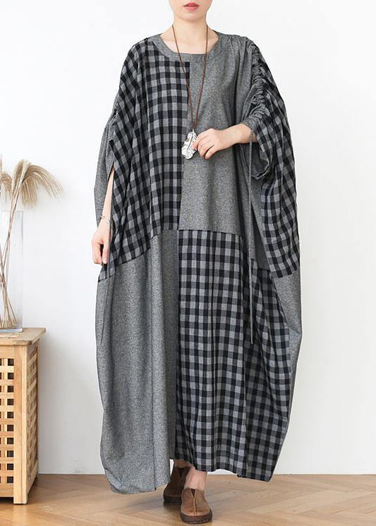 French dark gray plaid clothes For Women o neck patchwork long fall Dress - SooLinen