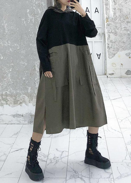 French gray green patchwork cotton Wardrobes hooded Plus Size fall Dresses - SooLinen