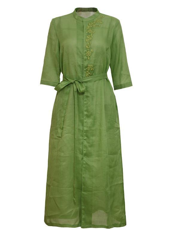 French green embroidery linen Robes stand collar Dress - SooLinen